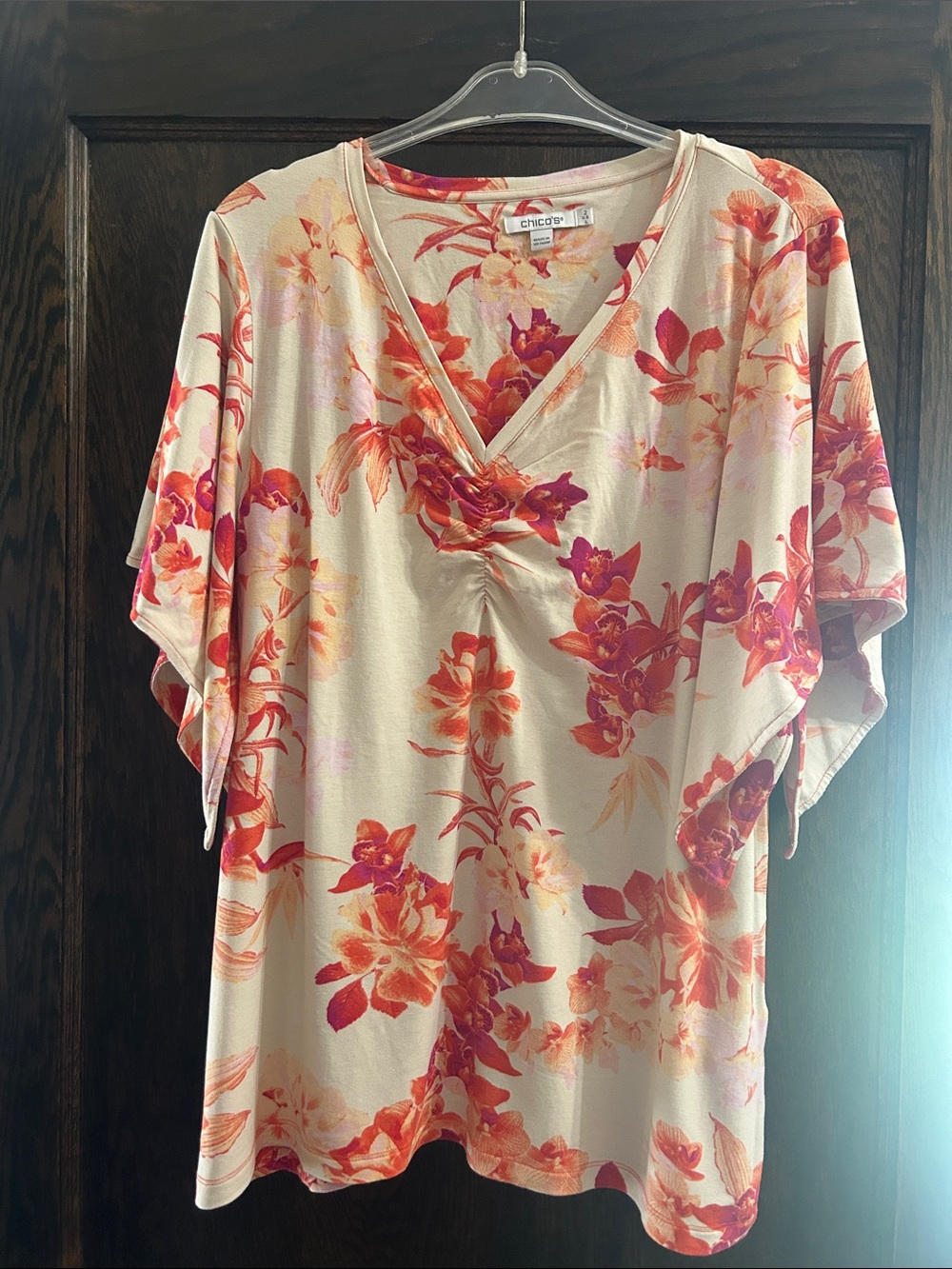 Chico's Cream Floral V-Neck Gathered Front Tunic with Pink and Orange Blooms